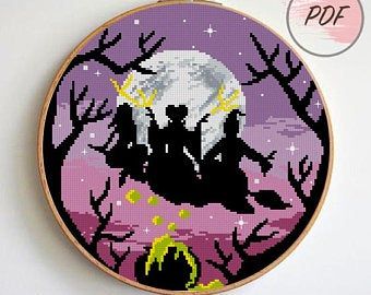 Halloween Cross Stitch Patterns Free, Witches Silhouette, Movie Cross Stitch, Cross Stitch Ideas, Witch Cross Stitch Pattern, Counted Cross Stitch Patterns Free, Witch Cross Stitch, Moon Landscape, Halloween Cross Stitch