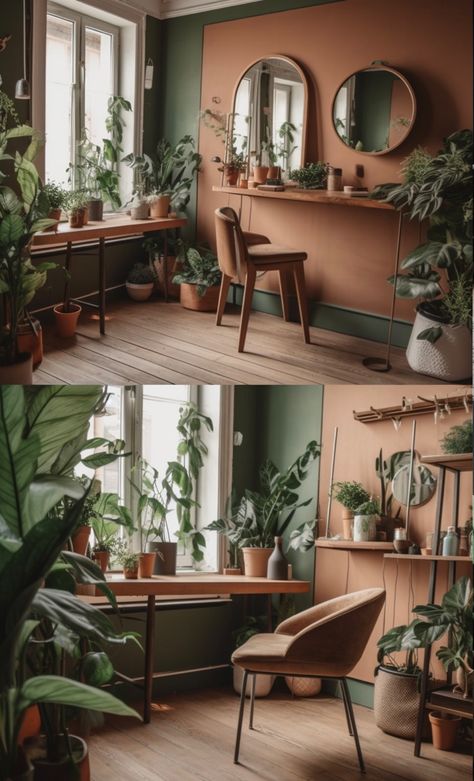 4 cute places to decorate with potted plants and a chair, in the style of studyplace, emerald and brown, mirror rooms, wood, y2k aesthetic Green Brown Home Decor, Green Astetic Room Ideas, Brown And Green Room Decor, Green And Brown House Aesthetic, Green And Brown Walls, Emerald Green And Brown Living Room, Table Counter Design, Green And Brown House, Brown And Green Room