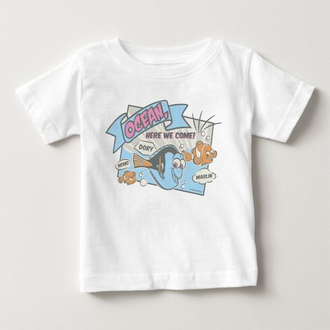 Nemo, Dory & Marlin | Ocean Here we Come Baby T-Shirt Dory Characters, Dory And Marlin, Dory Nemo, Nemo Dory, Disney Finding Dory, Finding Dory, Top Baby Products, Finding Nemo, Baby T Shirt