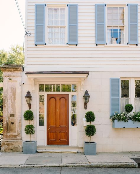 ☀️☀️☀️ White And Blue House Exterior, Blue Shutters White House, White House Blue Shutters, Shutters Colors, White And Blue House, Modern Exterior House Colors, Blue House Exterior, Bahama Shutters, Shutter Colors