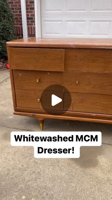 Jessica Faulkenberry | Furniture Flips & DIY on Instagram: "I was so torn on whether or not to go dark or light on this dresser but you guys came through! You voted light and it turned out so good! Thank you!❤️

I used my carbide scraper to get the majority of the finish off, which saved me a lot of time when it came to sanding. Then, I used 120 grit to sand the whole thing down. 

This wood had some red undertones so I used a little bit of sage green paint mixed with tan paint (50/50 water and paint), brushed it on, then wiped it off immediately. 

As a final step I used @varathane water-based poly in satin using a stain pad applicator and TA-DA! 

She’s a beaut! 

#whitewashed #mcmfurniture #mcmdressers #mcm #kentcoffey #furnitureflipper #flippedfurniture #thriftedhome" Lighten Dark Wood Furniture, Plain Dresser Makeover, Dresser Paint Ideas, Mcm Dresser Makeover, Carbide Scraper, White Painted Dressers, Flipped Furniture, Light Stained Wood, Natural Wood Dresser