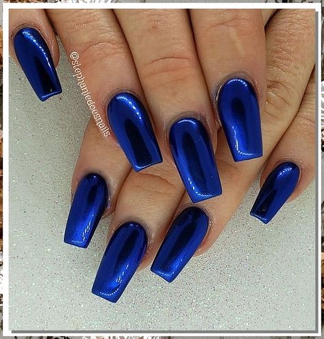 Looking to make a statement with your nails? Try out these stunning cobalt blue nail colors for a bold and vibrant look! From deep navy shades to bright electric blues, these hues will definitely make your nails pop. Elevate your style with these trendy cobalt blue nail colors today! Sapphire Blue Chrome Nails, Royal Blue Shellac Nails, Gel Nails Royal Blue And Silver, Royal Blue Iridescent Nails, Metallic Royal Blue Nails, Royal Blue Holographic Nails, Cobalt Blue Nails Acrylic, Dark Blue Chrome Acrylic Nails, Simple Royal Blue Makeup Looks