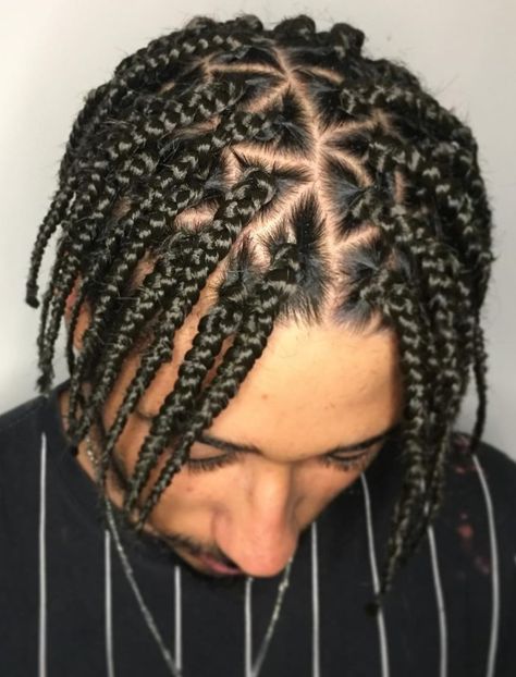 Triangle Part Fead in Box Braids Undercut With Box Braids, Braids Triangle Parts, Men's Bun, Two Cornrow Braids, Braids Designs, Undercut Braid, Mohawk Braids, Triangle Parts, Box Braids Men