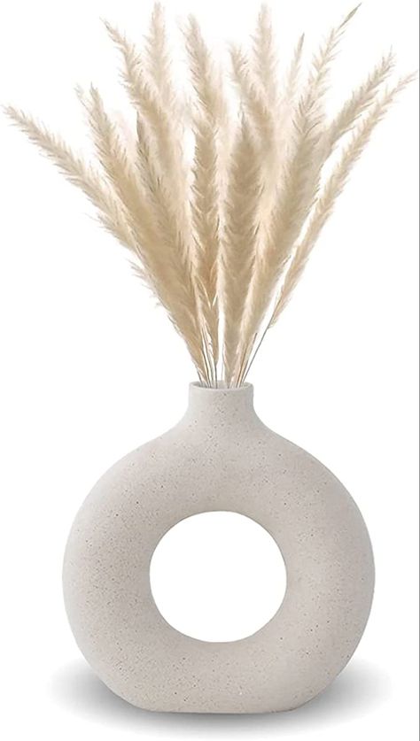 Modern Vases Decor, Vase For Pampas, Donut Vase, Classic House Exterior, Pampas Grass Decor, Minimalist Interior Style, Modern Art Decor, Round Vase, White Ceramic Vases