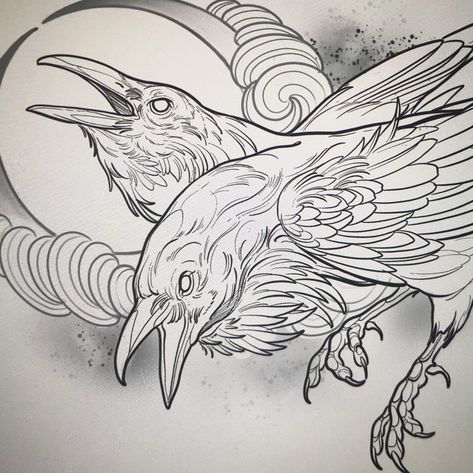 Raven Neotraditional, Raven Tattoo Stencil, Raven Tattoo Design, Tattoo Japonais, Viking Compass Tattoo, Raven Design, Crow Tattoo Design, Neo Tattoo, Crow Painting