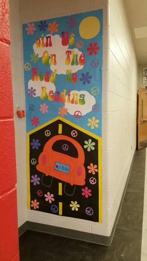 Groovy Door Decor Classroom, Vw Bus Bulletin Board, 60s Door Decorations For School, 70s Themed Classroom Door, 70s Bulletin Board Ideas, 4h Shirts, Groovy Work Bulletin Board, Decades Day Spirit Week, Reading Bulletin Board