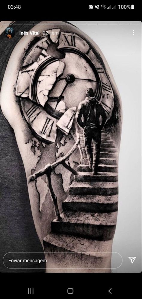 Stairs Tattoo Design For Men, Clock And Stairs Tattoo Design, Stairs Tattoo Design, Clock Tattoo Design For Men, Stairs Tattoo, Staircase Tattoo, Stairs To Heaven Tattoo, Time Piece Tattoo, Inside Bicep Tattoo