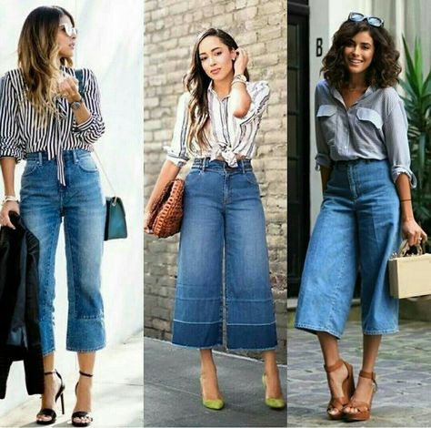 Culottes Jeans Outfit, Hispanic Style Outfits, Culotte Jeans Outfit, Gaucho Pants Outfit, Denim Culottes Outfits, Coulottes Outfit, How To Wear Culottes, Cropped Jeans Outfit, Wide Leg Outfit