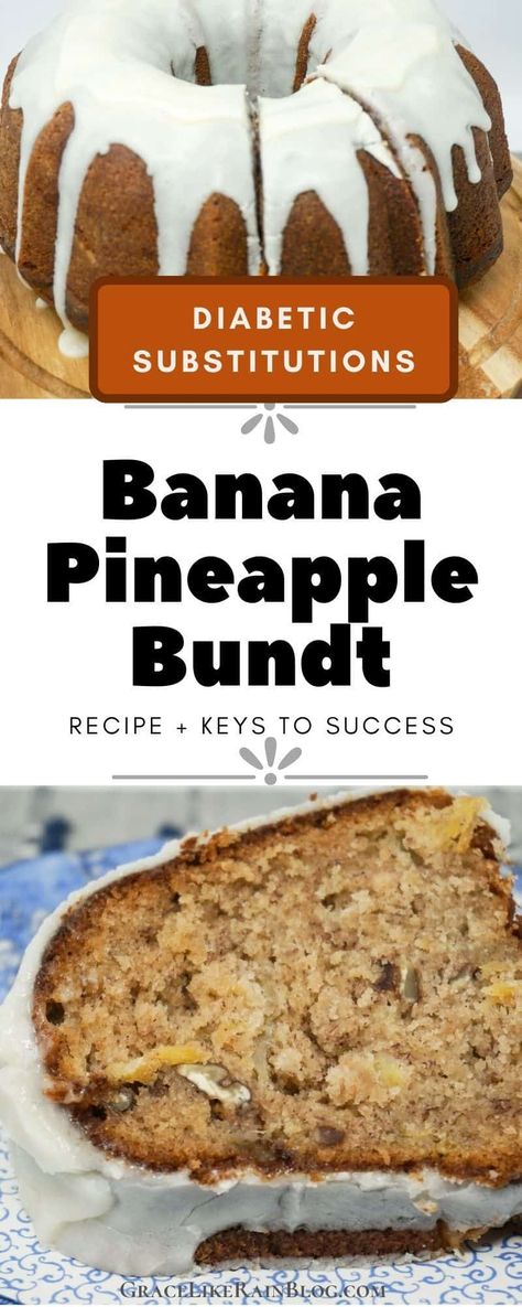 Cake That Doesn't Last is a moist Banana Pineapple Bundt Cake topped with a tangy cream cheese glaze. And it's amazingly easy to make. One bowl. One spoon. One delicious cake. | The Cake That Doesn't Last | Banana Bundt Cake with Pineapple | Banana Pineapple Cake with Cream Cheese Glaze | One Bowl Banana Cake Glaze | Banana Cake with Diabetic Substitutions| #Banana #Pineapple #CreamCheese #BundtCake #Cake #Recipes #DiabeticSubstitutions Banana Pineapple Cake, Pineapple Bundt Cake, Banana Pudding Paula Deen, Diet Friendly Desserts, Cake Glaze, Cheesecake Fruit Salad, Easy Bundt Cake Recipes, Banana Bundt Cake, Banana Bundt