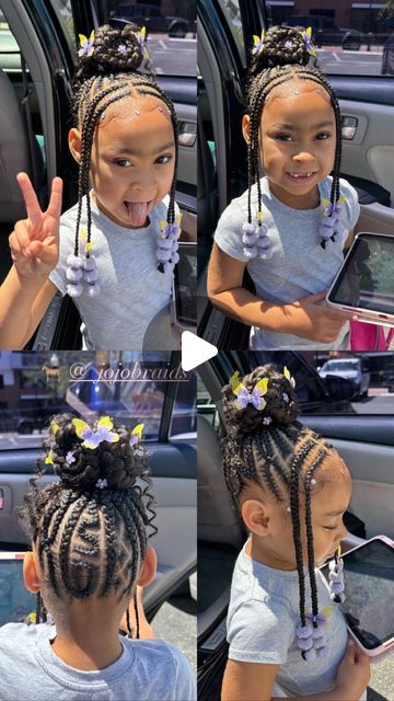 Jojo Braids on Instagram: "F R E E S T Y L E 💫  Everything is included with every style💕.  . . . . .  #twinstyles #buns #stitch #stitchbraids #kidscornrows #tampahairstylist #tampahair #tampabraids #jojobraids #kidsnaturalhairstyles #noweave #kidshairstyles #kids #blackgirlmagic #kidsnaturalhair #blackgirlhairstyles #tampabay #brandon #stpete #kidsstitchbraids #stitchbraidsatl #stitchbraids #813hair #727hair #tampabraider #tampa #tampabraiders #heartbraids #designbraids #floridabraider #halfuphalfdownhairstyle" Kids Stitch Braids Hairstyles, Girls Natural Braided Hairstyles, Kids Braided Updo Hairstyles, Braided Bun Hairstyles For Kids, Side Braids For Kids, Kids Birthday Hairstyles, Braided Up Ponytail For Kids, Braided Buns For Black Hair Kids, Simple Toddler Braid Styles