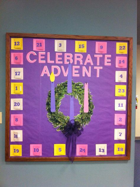 Interactive Advent Calendar Advent Bulletin Boards Catholic, Ideas For Advent Calendar, Advent Display, Eyfs Christmas, Christian School Bulletin Boards, Advent Calendar Ideas Diy, Advent 2023, Catholic Classroom, Campus Ministry