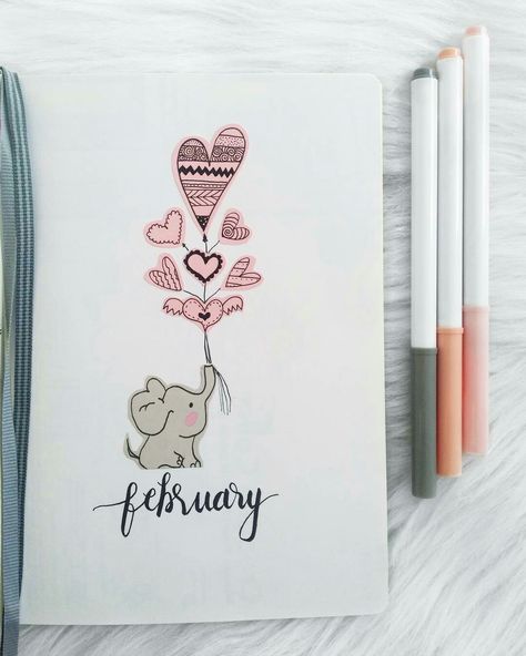 February Bujo Calendar, Bujo Heart Theme, February Bujo Ideas, February Bujo Theme, Bujo Inspiration Themes, February Doodles, February Bujo Cover, Month Drawings, Bujo February