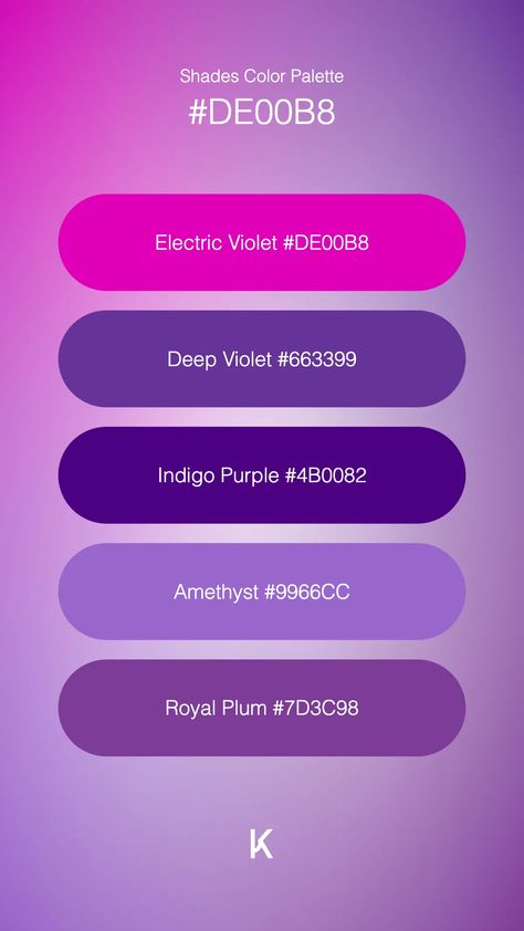 Shades Color Palette Electric Violet #DE00B8 · Deep Violet #663399 · Indigo Purple #4B0082 · Amethyst #9966CC · Royal Plum #7D3C98 Indigo Purple, Hex Color Palette, Twilight Sky, Sky Color, Vibrant Energy, Hex Colors, Color Code, Color Theory, Deep Purple