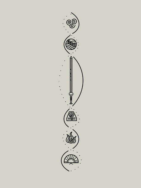 Hand drawn tattoo ideas for anyone who loves avatar the lastt airbender! This element design has Sokkas sword, and the Suki's Fan too! #avatar #avatarthelastairbender #spinetattoosforwomen #spinetattooideas #tattoo #tattooideas #tattoos #aesthetic #dainty #daintytattoo #bodyart #sokkassword #elements Atla Tattoo Spine, Avatar Back Tattoo, Avatar The Last Airbender Spine Tattoo, Avatar The Last Airbender Minimalist Tattoo, Avatar Spine Tattoo, Aang Tattoo The Last Airbender, Sokka Boomerang Tattoo, Avatar The Last Airbender Back Tattoo, Suki Aesthetic Atla