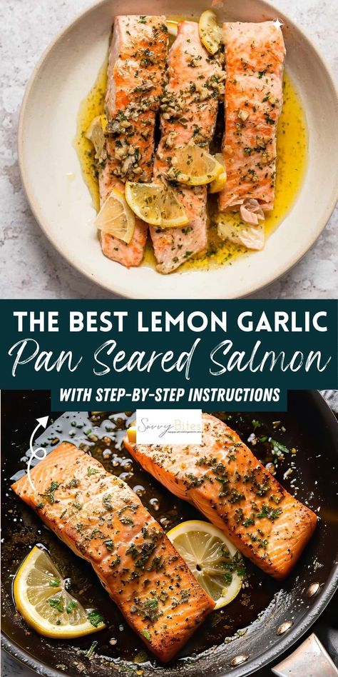 Lemon Garlic Salmon Pan Seared, Salmon Lemon Butter Sauce, Stovetop Salmon, Salmon Recipes Stove Top, Pan Cooked Salmon, Butter Lemon Sauce, Salmon Recipes Pan, Lemon Salmon Recipes, Savvy Bites