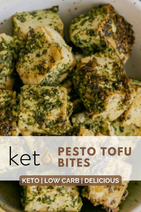 Serve these pesto tofu bites over keto rice or zoodles, or make them ahead for a satisfying snack between meals! 🙌 #ketogeniccom #keto #ketodiet #healthylifestyle #healthyeating #ketodietforbeginners #weightlosstips #weightlossdiet #ketovegetarian #ketovegan #tofurecipes Pesto Tofu, Keto Tofu, Keto Rice, Tofu Bites, Super Easy Dinner, Extra Firm Tofu, Tofu Recipes, High Protein Snacks, Protein Snacks