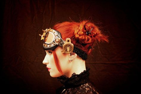 Steampunk Concepts : For the Future, Look to Yesterday | The Pennington Edition Steampunk Images, Steampunk Hairstyles, Steampunk Goggles, Bright Red Hair, Braided Bun Hairstyles, Steampunk Costume, Fashion Tips For Women, Dieselpunk, Steampunk Fashion