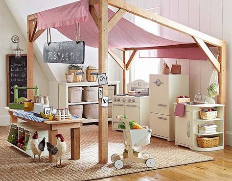 Pottery Barn and Friends are Arriving Down Under Kids Farmers Market, Mommo Design, Girls Playroom, Playroom Design, Ideas Minecraft, Play Space, Toy Rooms, Play Kitchen, Play House