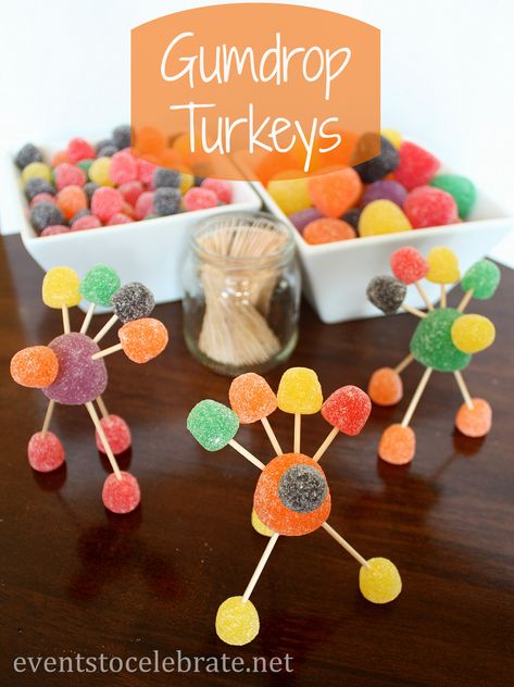 Thanksgiving Crafts - Gumdrop Turkeys - eventstocelebrate.net #thanksgiving #kids #crafts Turkey Project, Gum Drop, Easy Thanksgiving Crafts, November Crafts, Turkey Craft, Thanksgiving Crafts For Kids, Fun Crafts To Do, Thanksgiving Celebration, Thanksgiving Kids