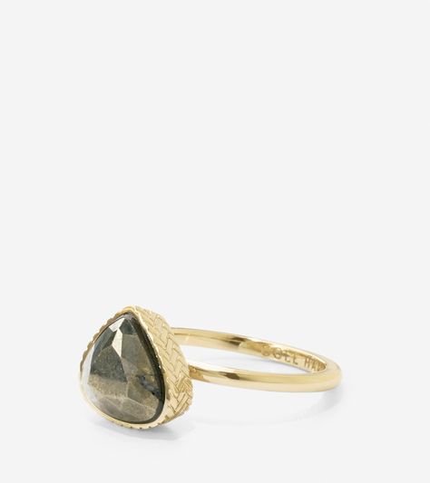 <h2>A gorgeous semi-precious pyrite stone is set in a tear-drop shape with woven emboss.</h2> Pyrite Engagement Ring, Pyrite Ring, Pyrite Jewelry, Pyrite Stone, Pyrite Necklace, Cole Haan, Tear Drop, Stone Ring, Emboss