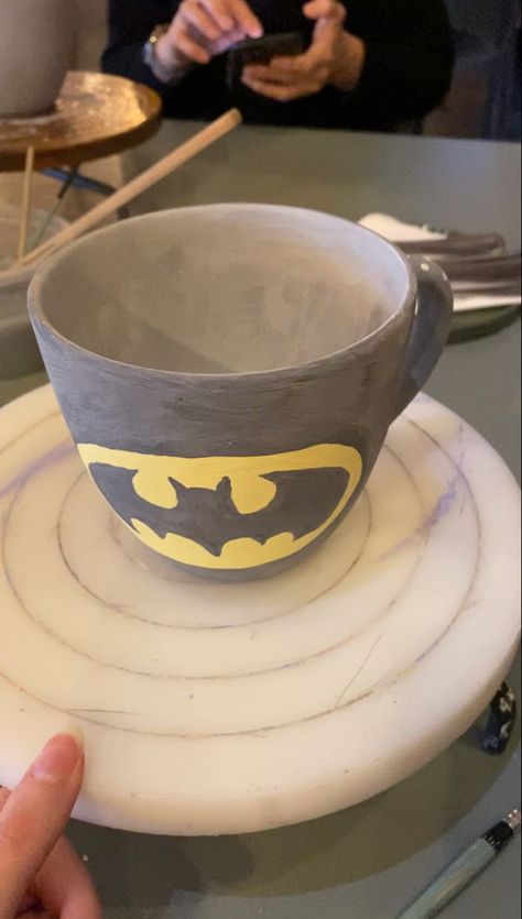 Bat Man Mug, Pottery Painting Ideas For Men, Marvel Pottery, Advanced Pottery, Batman Mug, Lego Mug, Pottery Painting Ideas Easy, Ceramic Cafe, Glaze Ideas