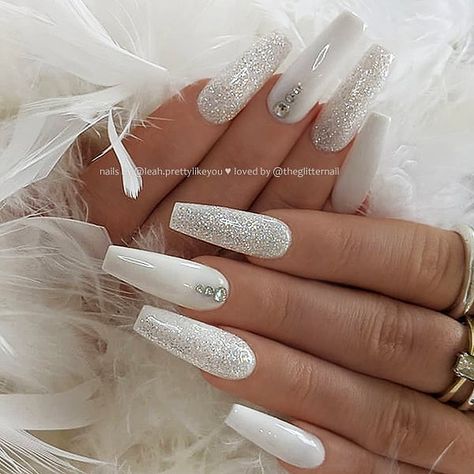 ✨ White, Glitter and Crystals on long Coffin Nails 👌 • 💅 Nail Artis White Acrylic Nails With Glitter, Acrylic Nails With Glitter, Of White Nails, Diamond Nail Designs, Nails With Glitter, White Acrylic Nails, Long Nail, Cute Acrylic Nail Designs, White Nail Art