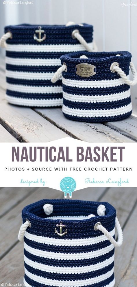 Nautical Basket Free Crochet Pattern - Free Crochet Patterns Crochet Basket Bag, Crochet Basket Patterns, Knitting Needle Conversion Chart, Poncho Patterns, Crochet Slipper, Crochet Free Patterns, Basket Crochet, Crocheting Projects, Easy Knitting Projects