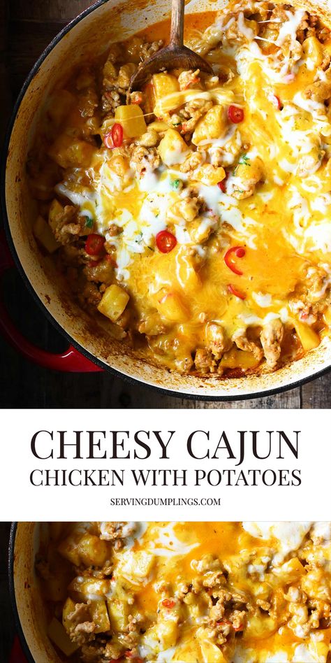 Cheesy Cajun Chicken with Potatoes - Serving Dumplings Cajun Potato Casserole, Cheesy Chicken Potatoes, Cajun Chicken Casserole, Cajun Chicken And Potatoes, Ground Chicken And Potatoes, Ground Chicken Recipes For Dinner Casseroles, Shredded Chicken And Potatoes Recipes, Chicken And Potatoes Skillet, Ground Chicken Casserole