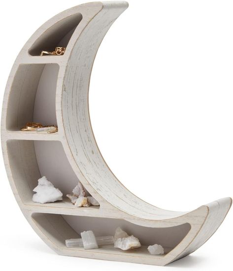 Amazon.com: Farmlyn Creek Wooden Crescent Moon Shelf for Crystal Display, Essential Oils, Rustic-Style Home, Room Decor (Small, 10 x 10.2 x 2 in) : Home & Kitchen Moon Shelf, Crystal Display, Home Room Decor, Small Shelves, Rustic White, Home Room, Small Decor, White Houses, Rustic Style