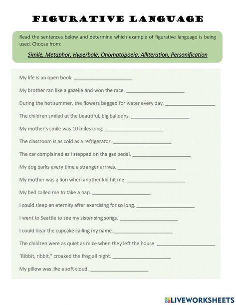 Figurative Speech Worksheet, Figure Of Speech Worksheet, Literal And Figurative Language, Third Grade Reading Worksheets, Sensory Language, Figurative Language Worksheet, Figures Of Speech, Speech Therapy Tools, Teach English To Kids