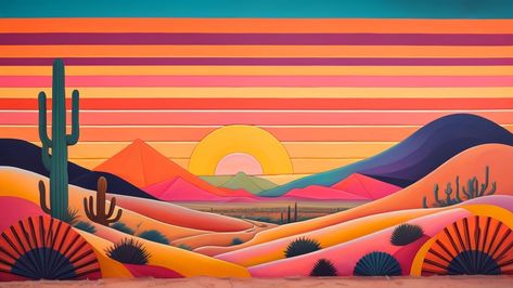 Western Mural, Mural Mountains, Desert Drawing, Cactus Scene, Exterior Murals, Arizona Flag, Pink Floyd Art, Whimsical Art Paintings, Western Artwork