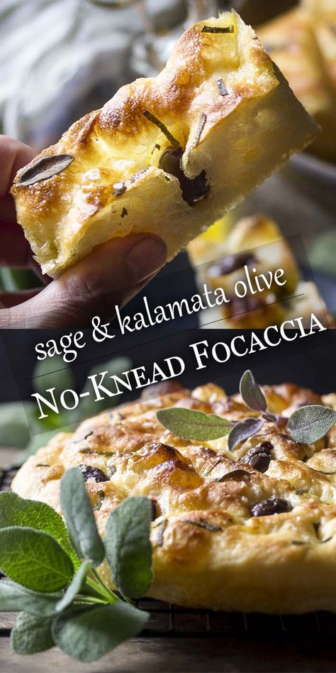 No-Knead Sage and Olive Focaccia - Just a Little Bit of Bacon Foccacia Bread Olives, Olive Focaccia, No Knead Focaccia, Olives Kalamata, Foccacia Bread, Focaccia Bread Recipe, Focaccia Recipe, Artisan Bread Recipes, Knead Bread