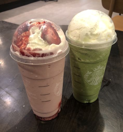 Matcha Frappe Aesthetic, Strawberry Frappe Aesthetic, Matcha And Strawberry Drink, Strawberry Frappe Starbucks, Strawberry Matcha Starbucks, Frappe Aesthetic, Matcha And Strawberry, Menu Aesthetic, Strawberry Frappe