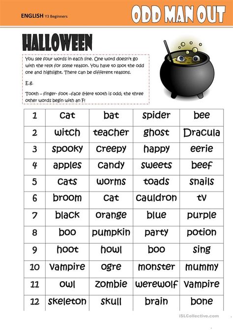 Odd One Out -HALLOWEEN - English ESL Worksheets Halloween Lesson Plans, Halloween Quiz, Halloween Teaching, Halloween Lesson, Halloween Worksheets, Halloween Classroom, Esl Activities, Teaching English Online, Halloween Words