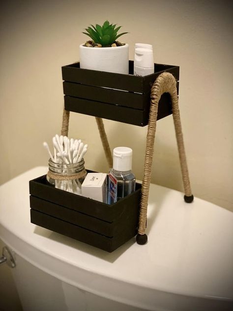 Crafty Fun Group | I saw this DIY 2-tier caddy tutorial on YouTube using dollar tree crates | Facebook Mini Crate Ideas, Dollar Tree Mini Crate Ideas, Dollar Tree Crates, Bathroom Trays, Small Wooden Crates, Mini Crates, Diy Dollar Tree Decor, Fun Group, Dollar Tree Decor