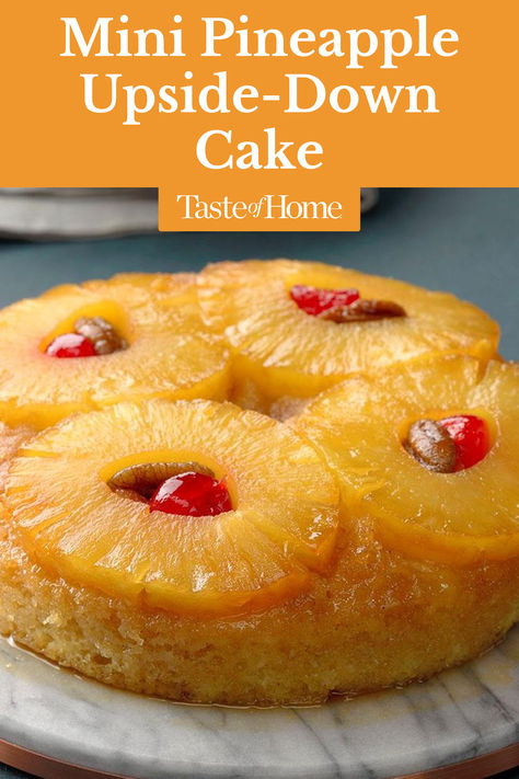 Edna Hoffman of Hebron, Indiana gives a timely twist for two to this traditional old-fashioned dessert. #summerdessert #vintagerecipes #cake #desserts World Desserts, Mini Pineapple Upside Down Cakes, Homemade Milk, Desserts Ideas, Afternoon Tea Recipes, Bakers Gonna Bake, Dessert For Two, Pineapple Upside Down Cake, Pineapple Upside Down