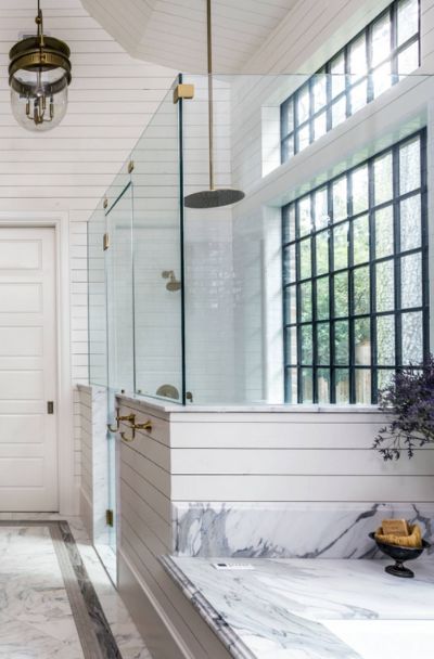 31 Shower Window Design Ideas | Sebring Design Build Large Window In Shower Ideas, Window In Shower Ideas, Windows In Showers, Lake Bathroom Ideas, Bathrooms With Shiplap, Shiplap Bathrooms, Bathrooms Inspiration Modern, Shower With Window, Shower Windows Ideas