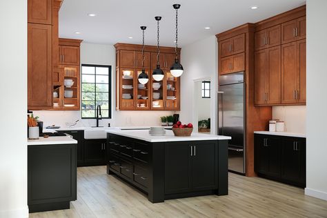 Kitchen Cabinet Gallery | Waypoint Living Spaces Black Lower Cabinets Wood Upper, Black Lower Kitchen Cabinets, Black Lower Cabinets, Waypoint Cabinets, Kitchen Cabinets Pictures, Two Tone Kitchen Cabinets, Two Tone Cabinets, Black Island, Two Tone Kitchen