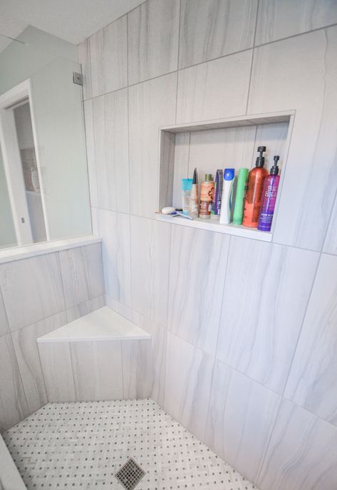 Large Shower Niche, Shower Bench Built In, Corner Shower Seat, Corner Shower Bench, Half Wall Shower, Tile Shower Niche, House Bathrooms, Corner Bench, Shower Floor Tile