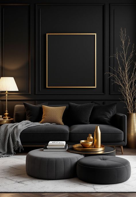 Dark Grey Couch Living Room Ideas Living Room Decor With Black Sofa, Dark Gray And Gold Living Room, Black Grey Gold Living Room, Dark Lounge Room, Living Room Decor Black Couch, Dark Lounge Room Ideas, Gold Dark Aesthetic, Black Sectional Living Room Ideas, Charcoal Grey Couch Living Room Decor