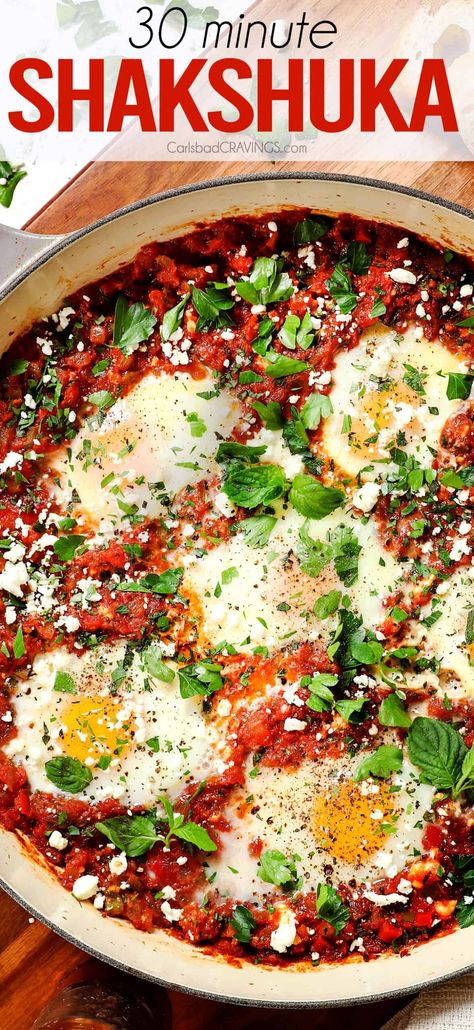 This Shakshuka recipe is an EASY, healthy, 30-minute, irresistible one pot wonder celebrated for its bold flavors and versatile nature - LOTS of variations included! #breakfast #breakfastrecipe #breakfastrecipes #brunch #brunchrecipe #brunchrecipes #healthyeating #healthyrecipe #healthyrecipes #healthylifestyle #eggs #eggrecipe #eggrecipes #shakshuka #shakshukarecipe Best Shakshuka Recipe, Shashuksha Eggs, One Pot Wonder, Cravings Recipes, Shakshuka Recipe, Pan Dishes, Shakshuka Recipes, Carlsbad Cravings, Savory Meals