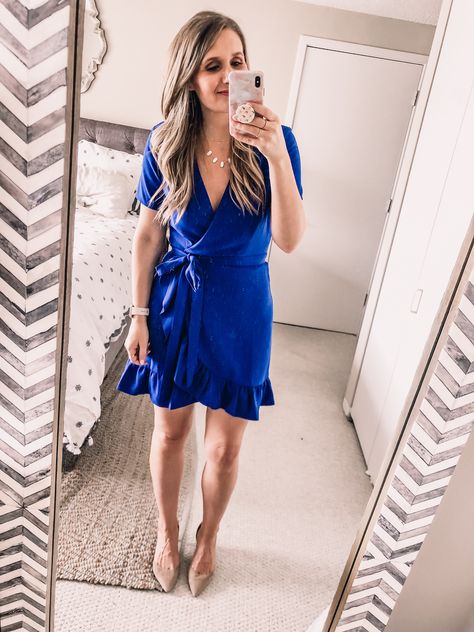 royal blue charles henry wrap dress from nordstrom with a ruffle hem - perfect for a corporate office outfit #officefashion #officestyle #wrapdress #liketkit Blue Wrap Dress Outfit, Summer Blue Wrap Dress For Work, Fitted Blue Wrap Dress For Work, Blue Dress Outfit Casual, Blue Wrap Dress For Workwear In Summer, Blue Wrap Dress With Surplice Neckline For Work, Blue Casual Wrap Dress For Brunch, Blue Dress Outfit, Royal Blue Dress Outfit