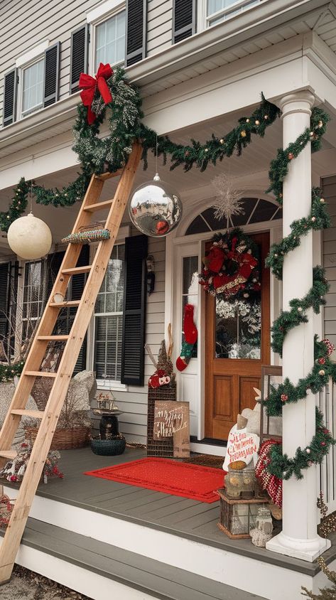 Impress your guests this holiday season with 18 festive Christmas porch decor ideas. From oversized ornaments and elegant garlands to creative signs and unique color schemes, make your porch stand out. Discover tips for combining traditional charm with modern touches for a picture-perfect holiday display. Themes For Christmas, Unique Color Schemes, Outdoor Christmas Decorations Lights, Oversized Ornaments, Christmas Lights Outside, Decorations Lights, Christmas Porch Decor Ideas, Christmas Porch Decor, Holiday Display