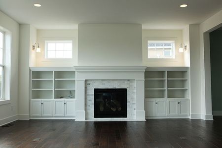 Fireplace Basement Shelves, Built In Bookshelves, Fireplace Windows, Fireplace Bookshelves, Transom Window, Bookshelf Ideas, Living Room Built Ins, Evening Star, Fireplace Built Ins