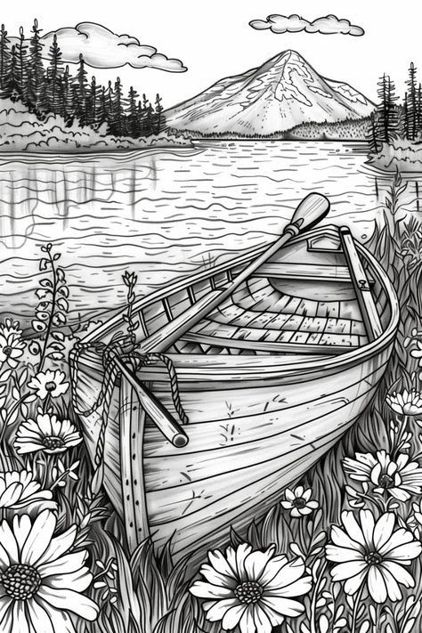 Distant Mountains, Calm Waters, Free Adult Coloring Pages, Printable Adult Coloring Pages, Landscape Drawings, Coloring Book Art, Cute Coloring Pages, Coloring Book Pages, Coloring Pictures