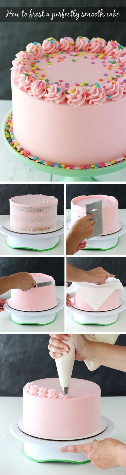 Tutorial for how to frost a perfectly smooth cake with buttercream icing! Images and animated gifs with detailed instructions! 2 Tiered Cake Ideas, Cake Decorating Ideas Simple, Butter Icing Cake, Wilton 1m, Smooth Buttercream, Smooth Icing, Cake With Buttercream, Torte Cupcake, Smooth Cake