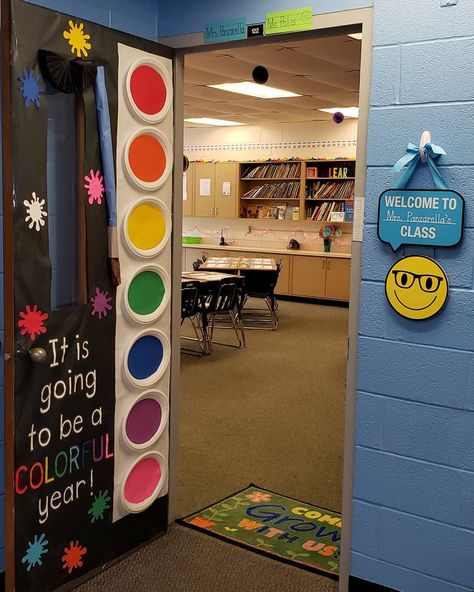 Paint Swatch Classroom Ideas, Paint Pallet Classroom Door, Teachers Doors Ideas, Art Display For Classroom, Teacher Classroom Door Ideas, Art Classroom Door Decoration, Art Room Doors Decoration, Art Teacher Appreciation Door, Art Door Decorations