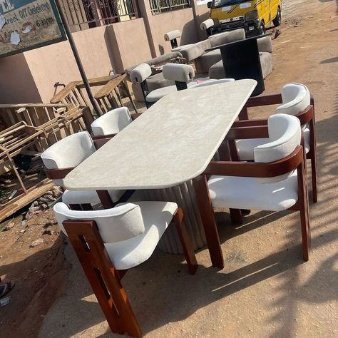 Made with top quality materials Mahogany wood Top quality Fabric Marble top Bespoke finishing..... Call/ WhatsApp us on 08135530123 #furniture #furnituredesign #furnishings #diningset #bespoke Latest Dining Table Designs, Dining Table Stone, Latest Dining Table, Stone Top Dining Table, Bed Back Design, Marble Top Dining Table, Set Meja Makan, Wooden Bed Design, Table Marble