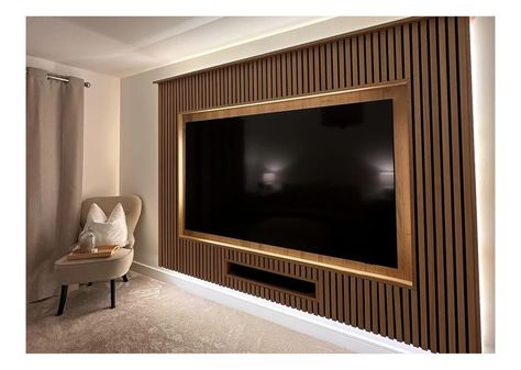 Media Wall Ideas: Style Your TV with SlatWall | Naturewall Tv Wall Design Living Room Wood, Slat Media Wall, Tv With Sound Bar On Wall, Tv Wooden Panel Tv Walls, Tv Slat Wall, Panel Media Wall, Slat Wall Tv, Media Wall Ideas, Tv Wall Design Luxury