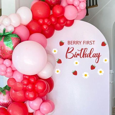 PRICES MAY VARY. WHIMSICAL STRAWBERRY THEME - Elevate your little one's first birthday party with this charming "Berry First Birthday" wall decal, featuring adorable red strawberries and delicate white daisies that capture the essence of a sweet and playful strawberry theme. PERFECT BALLOON ARCH BACKDROP - Create a delightful backdrop for your strawberry-themed first birthday party with this eye-catching wall decal, perfect for adorning a balloon arch background and setting the stage for a memor Berry 1st Birthday Balloon Arch, Berry First Birthday Balloon Arch, Berry First Birthday Balloons, Berry First Birthday Arch Backdrop, Berry Birthday Backdrop, 1st Birthday Party Backdrop, Strawberry Themed 1st Birthday Invitation, Arch Background, Strawberry 1st Birthday